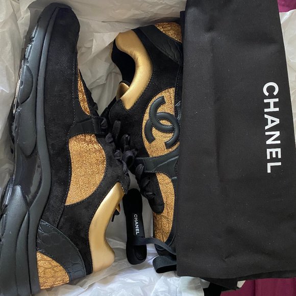 black and gold chanel shoes